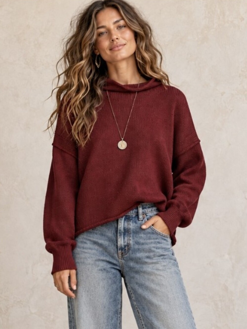 We The Free People Torres Roll Neck Sweater Burgundy Oversized Cotton Sz L $148